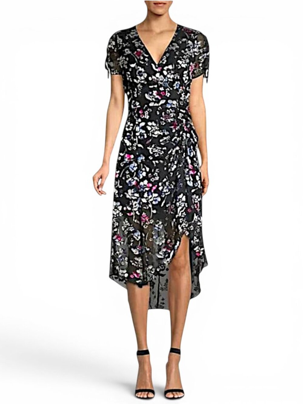 Parker Lizzy Black Floral Velvet Burnout Ruched Midi Dress Multi Cosmo Color 2